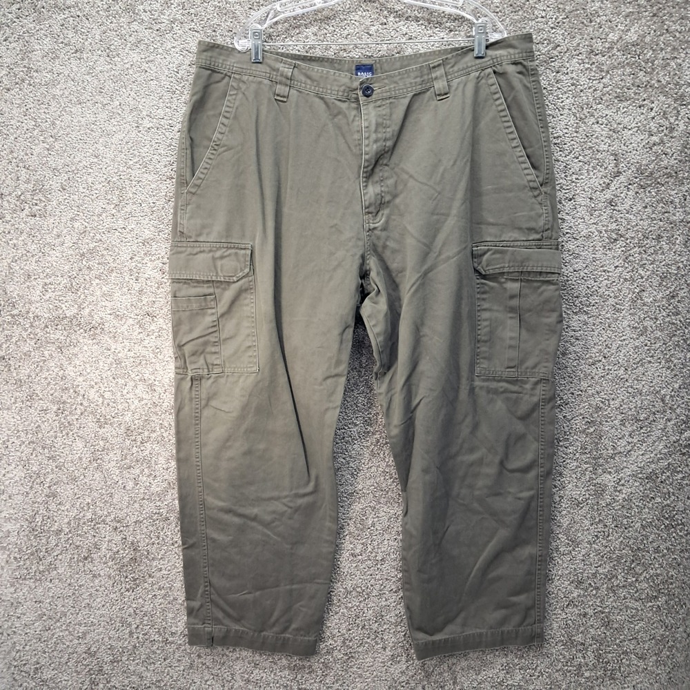 Basic Editions Mens Cargo Pants 44x30 Green Cotton Straight Leg Utility 7581